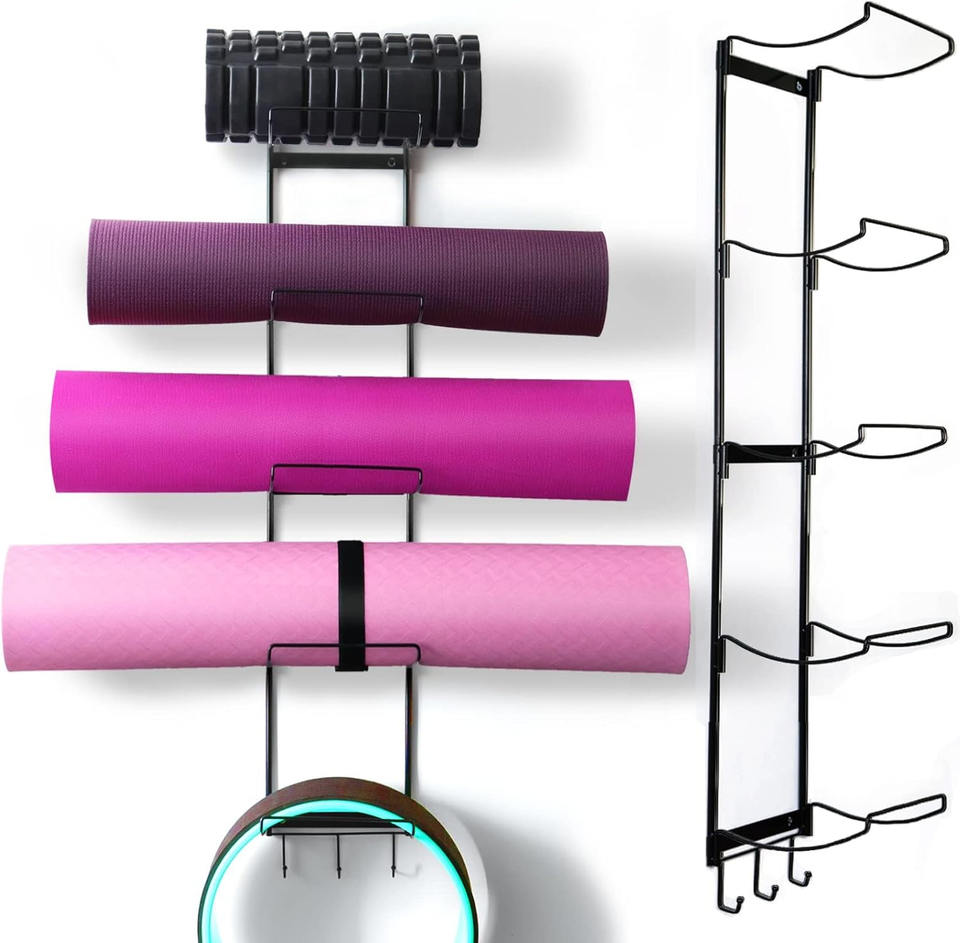 5-Tiers Yoga Mat Holder Wall Mount, Metal Storage Rack for Mats/Wheels